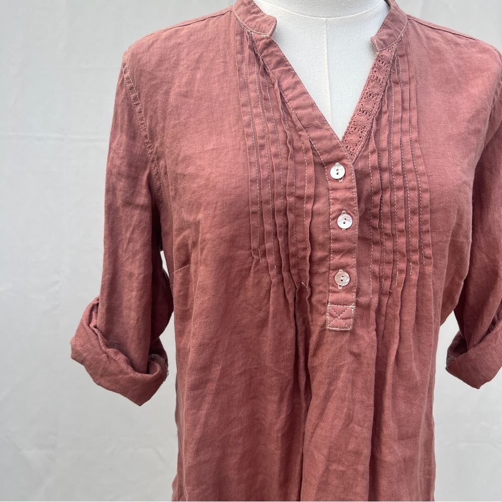 Malvin I Love Linen Women’s M Top Dusty Pink/Rose Roll Tab Sleeve Blouse PinTuck - Picture 4 of 9